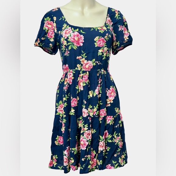 Ambiance Blue Floral Boho Square Neck Pleated Dress Size L - Picture 1 of 9